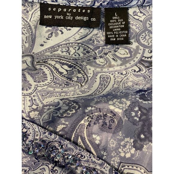 New York City Design L Blue Paisley Silk Beaded V-Neck Long Bell Sleeve Top - Picture 6 of 6
